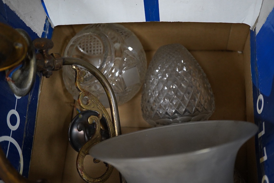 Five glass wall lights to include three cut glass shades and a frosted glass etched example